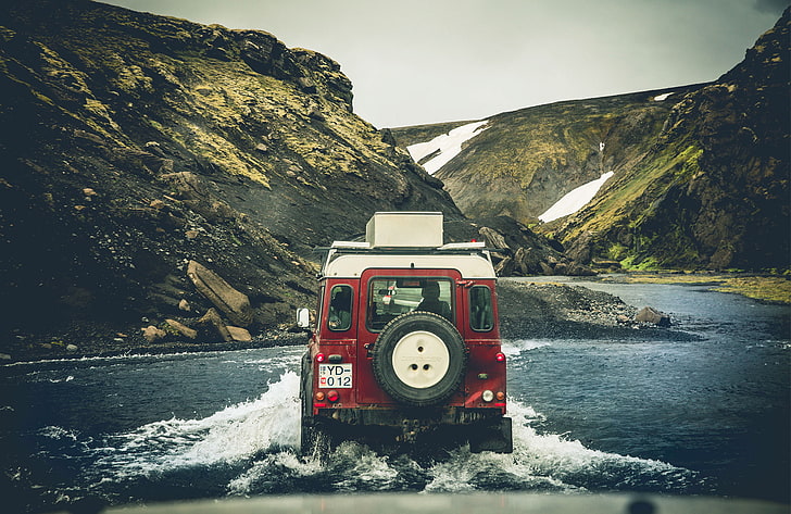samochód, pojazd, krajobraz, Land Rover, Islandia, woda, góry, Tapety HD