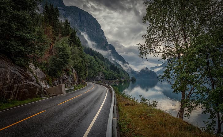 road, trees, mountains, lake, Norway, HD wallpaper