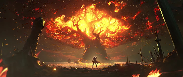 Ağaç çizimi, Sylvanas Windrunner, yangın, Warbringers, World of Warcraft yanan ortasında duran knight, HD masaüstü duvar kağıdı