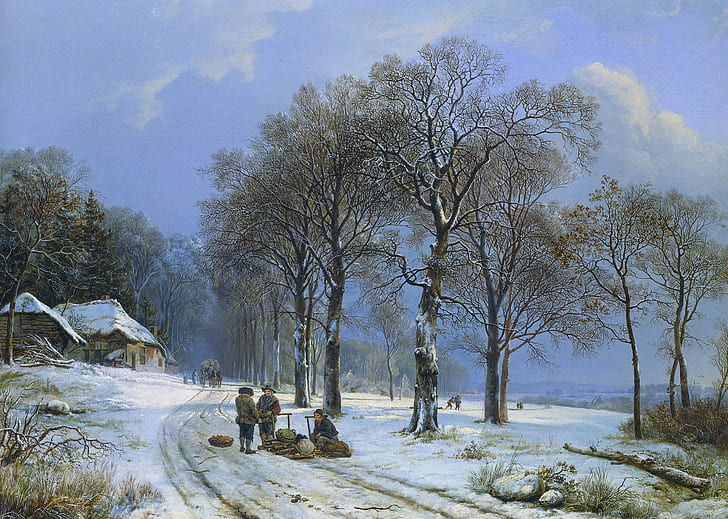 óleo, cuadro, lienzo, Paisaje de invierno, Barend Cornelis Koekkoek, Fondo de pantalla HD
