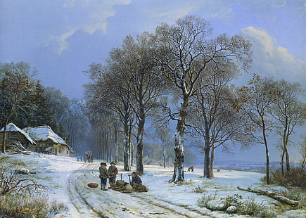 óleo, quadro, tela, paisagem de inverno, Barend Cornelis Koekkoek, HD papel de parede HD wallpaper