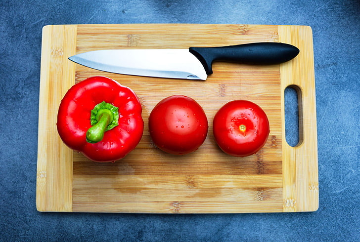 bell pepper, ingredients, knife, tomatoes, vegetables, wet, HD wallpaper