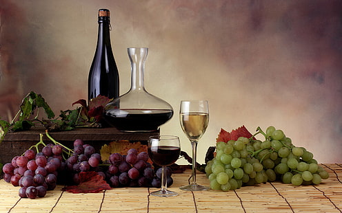 прозрачен стъклен бокал, листа, вино, чаши, грозде, бутилка, HD тапет HD wallpaper