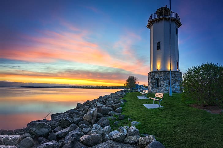 landscape, the city, lake, stones, dawn, lighthouse, morning, Wisconsin, USA, Fon-du-Lac, The Bottom Of The Lake, HD wallpaper