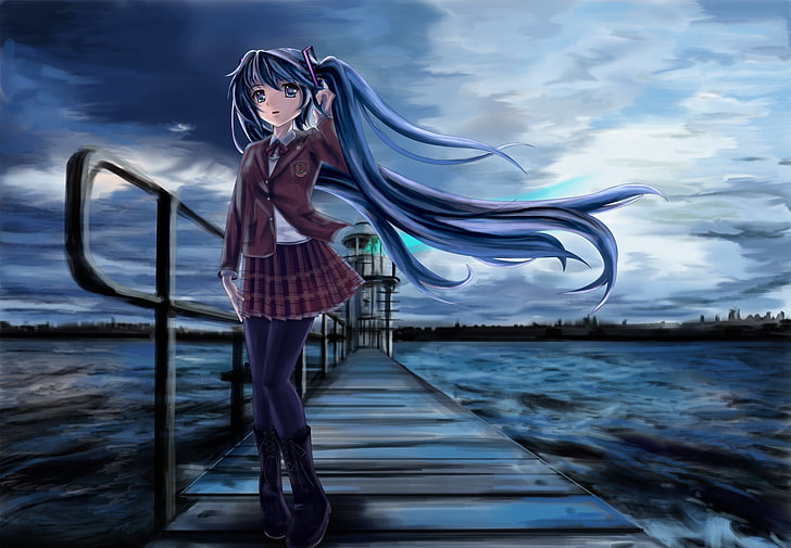 blue hair female anime character illustration, edogawa kid, hatsune miku, vocaloid, girl, schoolgirl, HD wallpaper