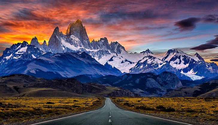 lukisan gunung putih dan biru, alam, pemandangan, jalan, gunung, matahari terbenam, puncak bersalju, Argentina, langit, awan, rumput kering, pagar, Wallpaper HD