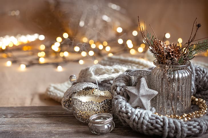 inverno, decorazione, Natale, Capodanno, vintage, maglione, bokeh, accogliente, Sfondo HD