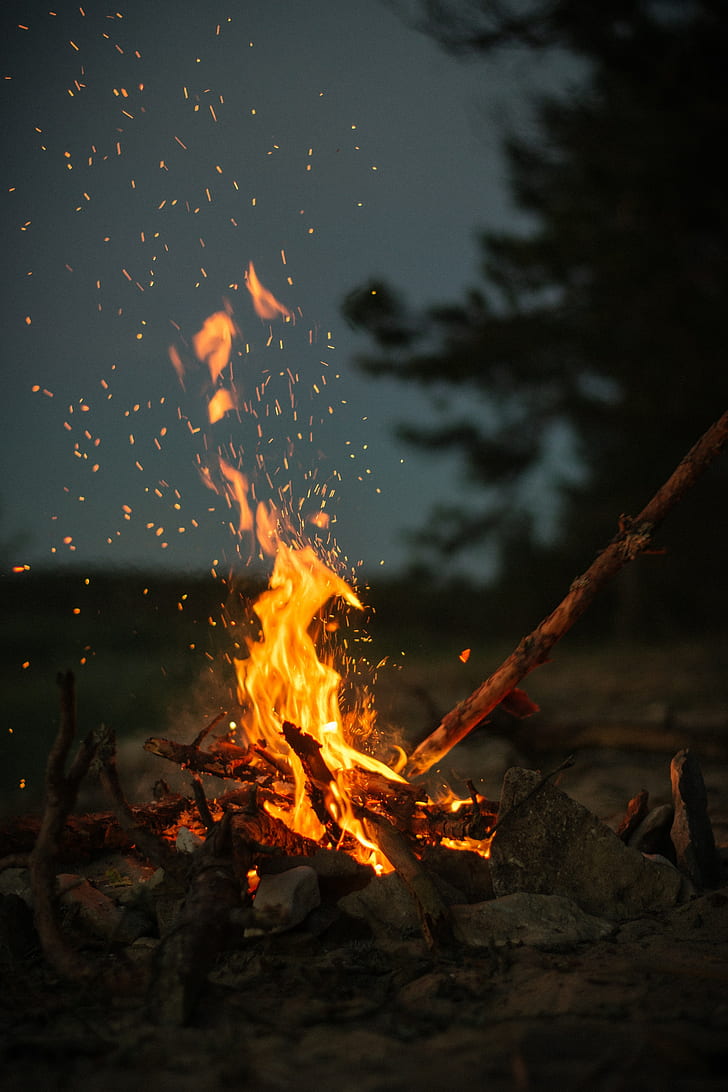 bonfire, fire, sticks, stones, camping, HD wallpaper