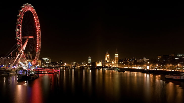 Londyn, London Eye, diabelski młyn, pejzaż miejski, noc, Tamiza, Westminster, Tapety HD