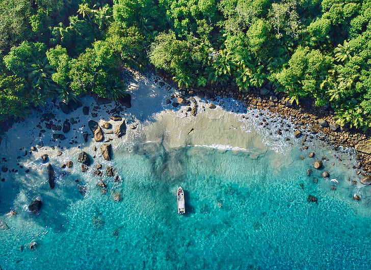 해변, 조감도, 실루엣 섬, 세이셸, 4K, HD 배경 화면