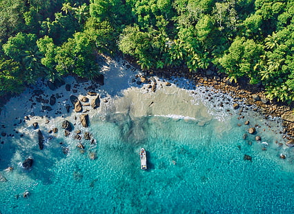 Beach, Aerial view, Silhouette Island, Seychelles, 4K, HD wallpaper HD wallpaper