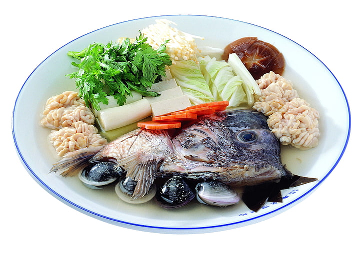 round white ceramic plate, food, vegetables, mushrooms, fish, HD wallpaper