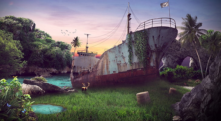 Martwy statek, ilustracja wraku statku, Aero, twórczy, natura, przyroda, raj, fotomanipulacja, Photoshop, parimal, paradiseofcreativity, Shipwrecked, Tapety HD