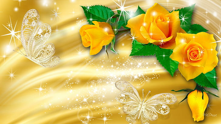 Rosas amarillas brillantes, brillo, centelleo, centelleo, destello, satén, papillon, brillo, flores, brillo, oro, mariposas, Fondo de pantalla HD