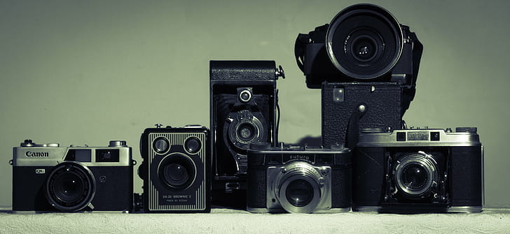 photography of silver and black vintage camera, photography, silver, black, vintage, camera, panorama, canon, nikon, brownie, old, cameras, contax, futura, camera - Photographic Equipment, old-fashioned, retro Styled, photography Themes, equipment, technology, backgrounds, antique, HD wallpaper