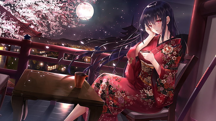 anime, anime girls, kimono, vêtements japonais, cheveux longs, cheveux violets, yeux rouges, ville, nuit, lune, Fond d'écran HD