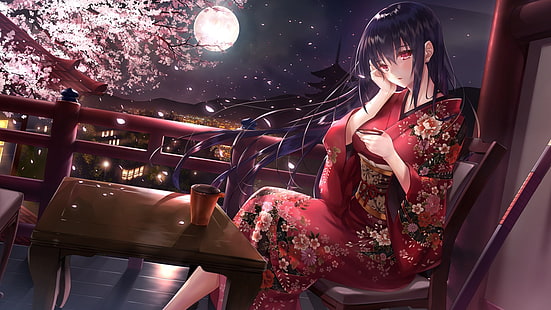 anime kızlar, kimono, Japon kıyafetleri, uzun saç, mor saç, kırmızı gözler, şehir, gece, ay, HD masaüstü duvar kağıdı HD wallpaper