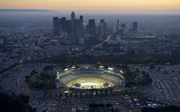 photographie aérienne de stade, ville, paysage urbain, gratte-ciel, stade, Los Angeles, USA, Fond d'écran HD