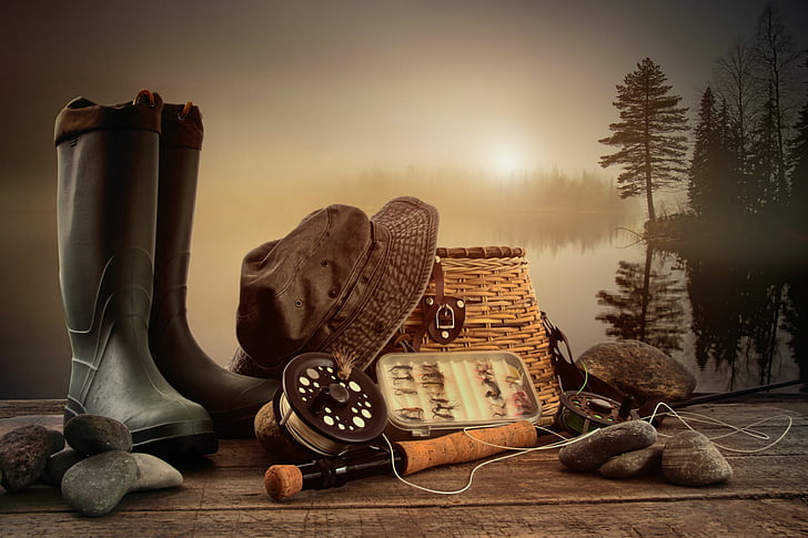 boots, fishing, hat, lakes, rod, HD wallpaper