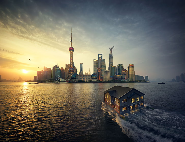 Dusk, Shanghai, Sunset, 4K, Floating house, HD wallpaper