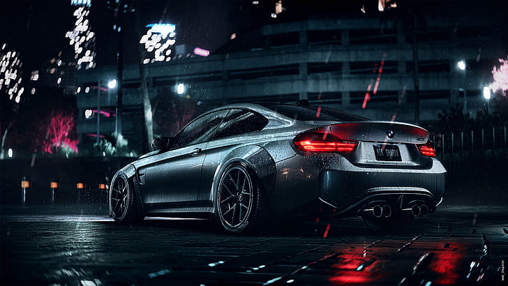 Need for Speed, Video Game Art, video games, games art, night, lights, rain, city, city lights, architecture, urban, modern, car, sports car, vehicle, silver cars, BMW, sports, coupe, gray, gray cars, wet, environment, reflection, Mikhail Sharov, HD wallpaper