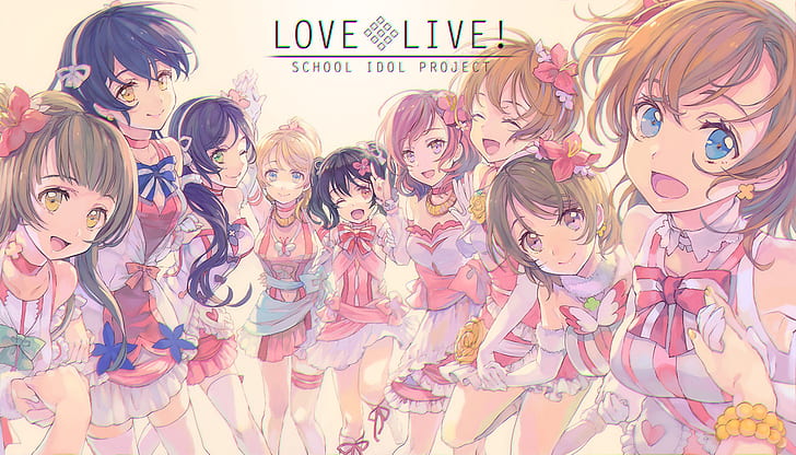 Love Live !, anime dziewczyny, Nishikino Maki, Sonoda Umi, Ayase Eli, Yazawa Nico, Kousaka Honoka, Minami Kotori, Toujou Nozomi, Hoshizora Rin, Koizumi Hanayo, Tapety HD