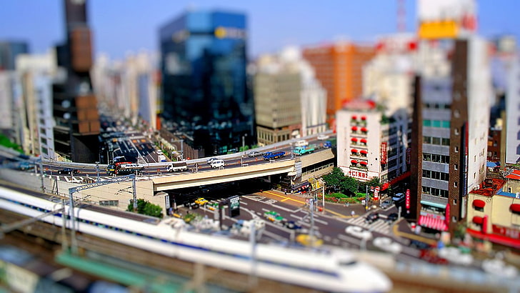 city sky miniature, tilt shift, cityscape, city, traffic, road, HD wallpaper