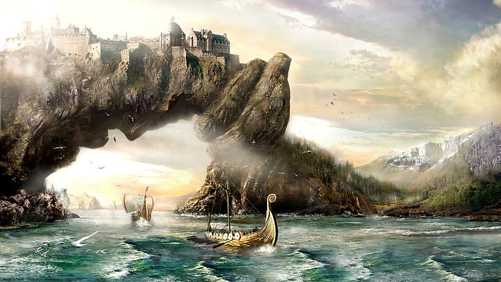 vikings, viking, boat, river, HD wallpaper