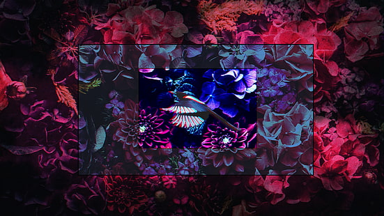 estética, pájaros, rosas, flores, aberración cromática, Fondo de pantalla HD HD wallpaper