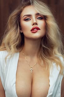  Alexey Shaklein, women, blonde, lipstick, biting lip, portrait, HD wallpaper HD wallpaper