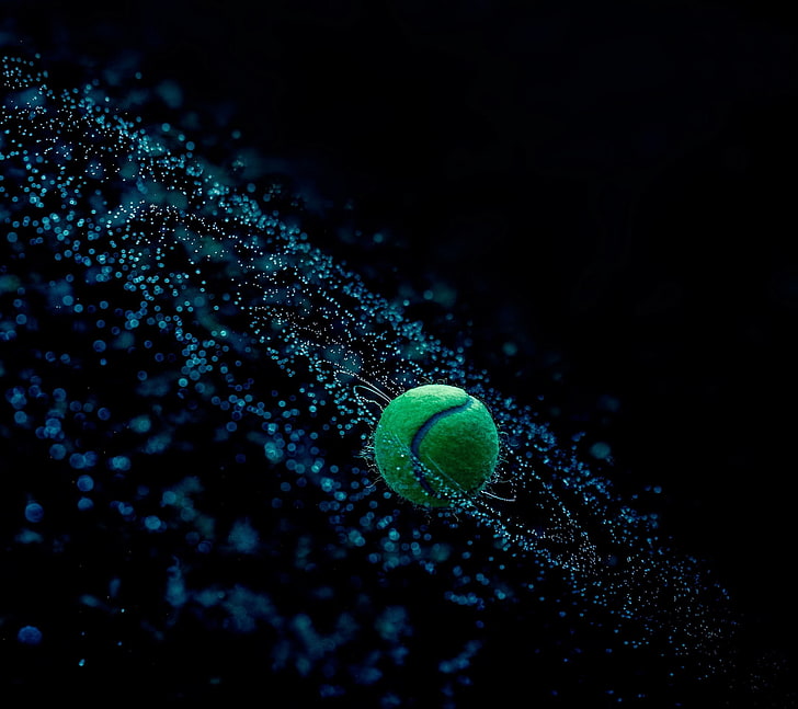 depth of field, water drops, tennis balls, dark background, spiral, HD wallpaper