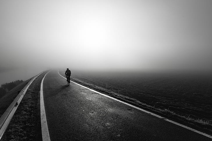 road, fog, cyclist, HD wallpaper
