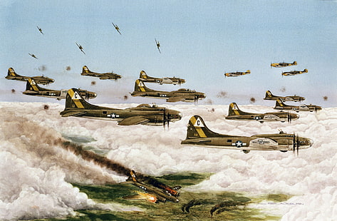 WW2 전투기, 하늘, 도시, 그림, 독일, 드레스덴, 예술, 항공기, 패, 제 2 차 세계 대전, 질량, 1945 ;, B-17, HD 배경 화면 HD wallpaper