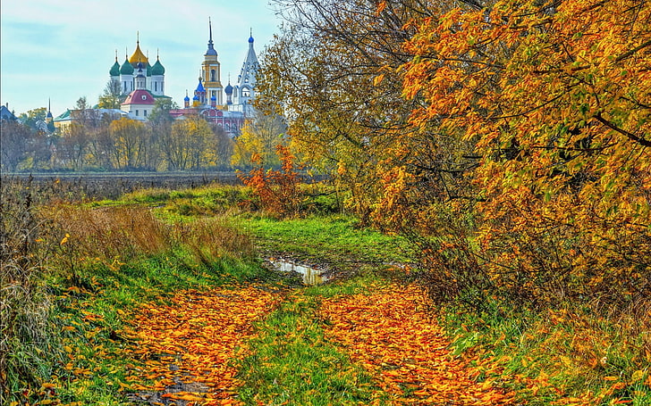 gräsfält nära floden, kolomna, ryssland, höst, tempel, träd, HD tapet