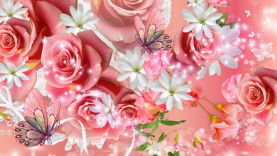 Róże motyle różowe, kwitnie, róże, plumeria, frangipani, papillon, jasny, fleurs, różowy, kwiaty, kwiaty, lato, tyłek, Tapety HD HD wallpaper