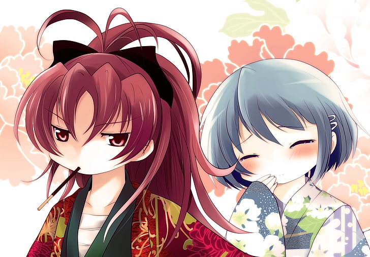 red and gray haired females anime characters, girls, kimonos, blush, anger, laughter, HD wallpaper