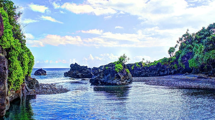 pantai, Hawaii, Pulau Maui, Maui, Pohon Palem, Hutan Tropis, Air tropis, air terjun, Wallpaper HD