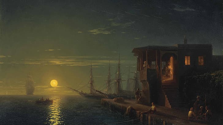 sunset, ocean view, clear sky, ship, painting, Ivan Aivazovsky, sailing ship, dusk, people, house, HD wallpaper