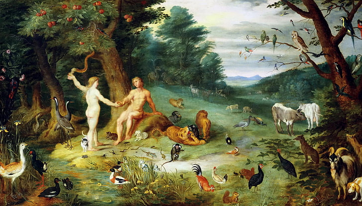 Malarstwo Adana i Ewy, Raj, obraz, mitologia, Jan Brueghel młodszy, Kuszenie Adama, Tapety HD