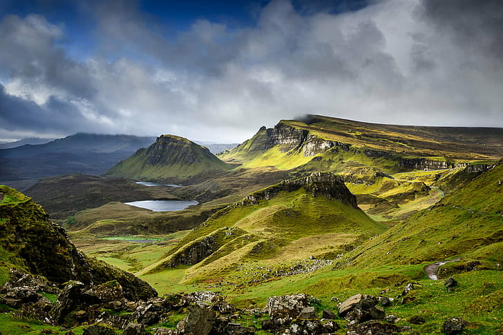 green mountains with lakes, quiraing, quiraing, Quiraing, green mountains, Landscape, blue sky, clouds, dramatic, grass  green, highlands, horizontal, isle of skye, lake, light, morning, nature, people, overcast, scotland, island  sun, transient, luis, mountain, iceland, scenics, outdoors, grass, summer, hill, rock - Object, cloud - Sky, europe, sky, HD wallpaper
