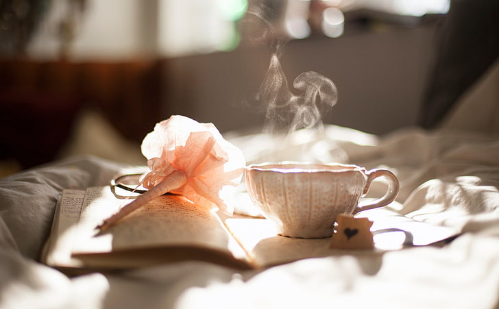 Morning Tea, white teacup, Food and Drink, Flower, Rose, Morning, Relaxation, Heart, Calm, Relaxing, Smoke, Resting, Relax, Quiet, Afternoon, Tranquil, Rest, writing, Meditation, beverage, plume, recreation, recuperate, notepad, HD wallpaper