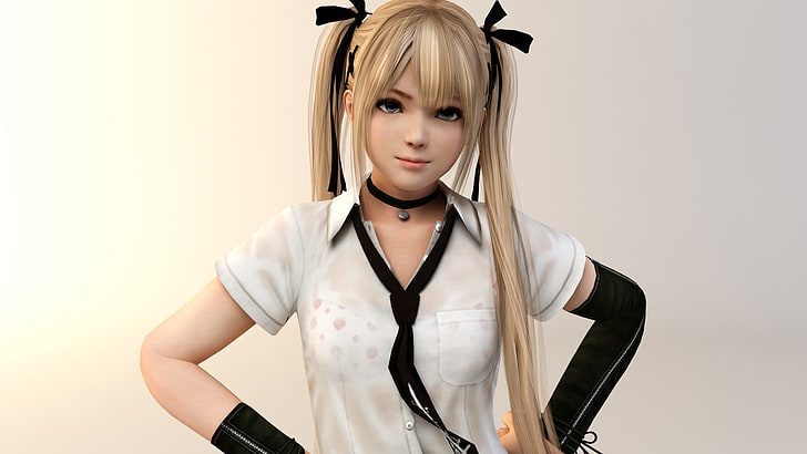illustration du personnage anime 3D aux cheveux blonds, coup d'oeil, le jeu, mort ou vif, queue, marie rose, Fond d'écran HD