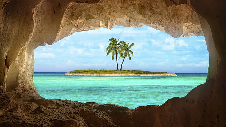 tappeto blu e verde con stampa floreale, isola, palme, grotta, mare, Sfondo HD