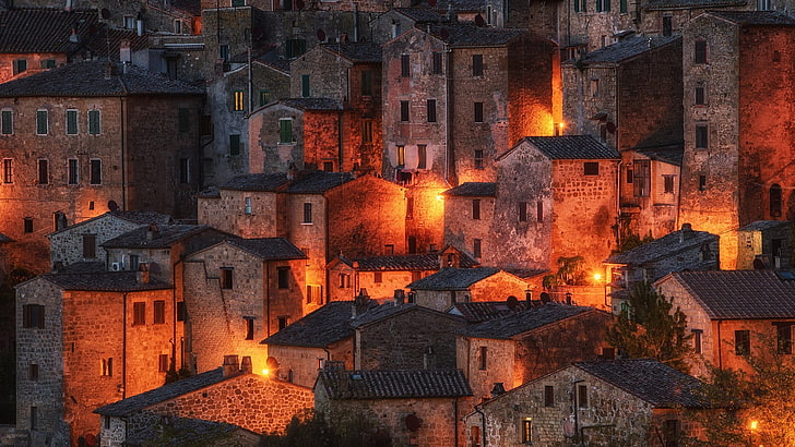 dusk, grosseto, tuscany, sorano, history, cityscape, europe, building, italy, town, facade, village, historic site, medieval architecture, evening, city, night, sky, HD wallpaper