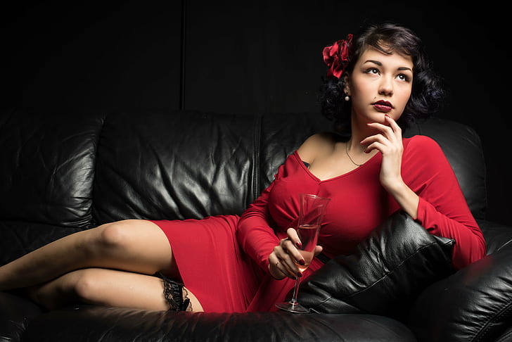 woman in red dress laying on couch, Valentines, Explored, woman in red, red dress, bow, garter, hearts, mands, shoot, wine, model, women, beautiful, fashion, sensuality, sofa, elegance, beauty, females, glamour, caucasian Ethnicity, young Adult, people, red, sitting, one Person, fashion Model, adult, HD wallpaper