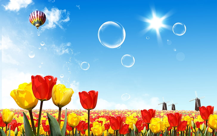 yellow and red tulips illustration, tulips, air balloon, sun, sky, HD wallpaper