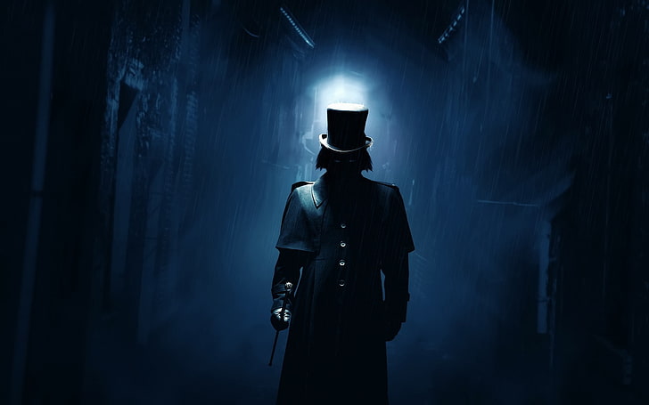 모자와 칼을 가진 검은 코트를 입은 사람 디지털 벽지, 삽화, 판타지 아트, 디지털 아트, 잭 더 리퍼, 어두운, 모자, 양복들, 골목, HD 배경 화면