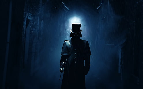 person in black coat with hat and sword digital wallpaper, artwork, fantasy art, digital art, Jack the Ripper, dark, top hat, suits, alleyway, HD wallpaper HD wallpaper