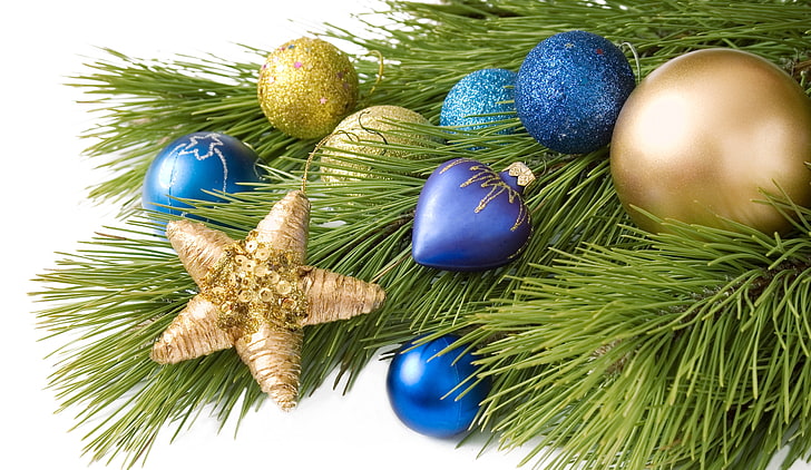 assorted-color baubles, balls, decoration, toys, star, tree, branch, New Year, Christmas, blue, gold, holidays, HD wallpaper