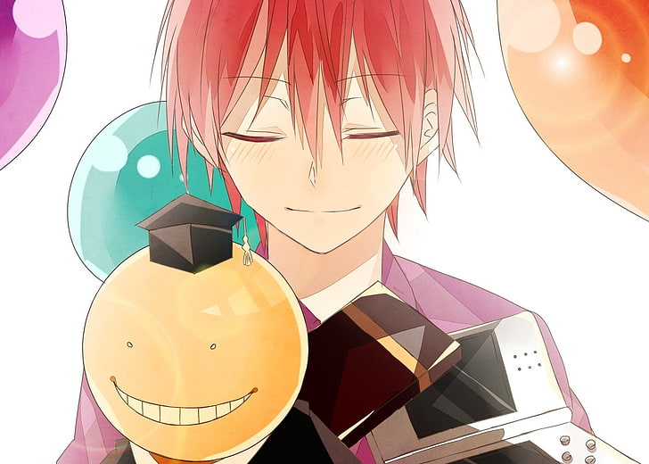 Anime-Charakterillustration mit rosa Haaren, Anime, Klassenzimmer der Ermordung, Karma Akabane, Koro-sensei, HD-Hintergrundbild